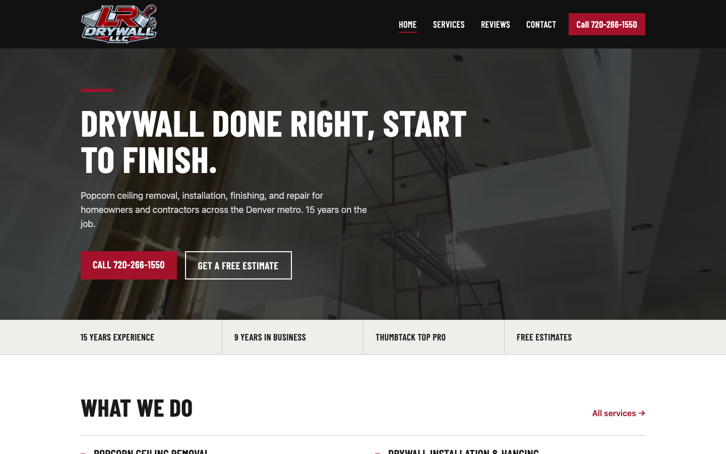 LR Drywall home page on a desktop browser, with the headline "Drywall done right, start to finish" and a call button.