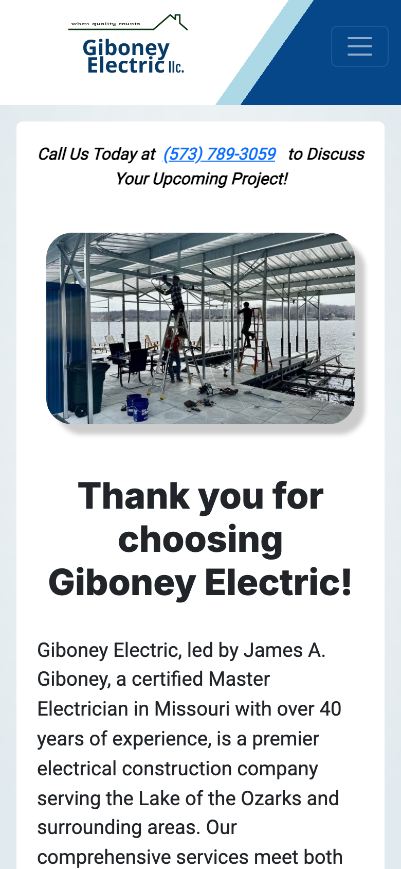 Giboney Electric home page on a phone, with a call-to-action phone number at the top.