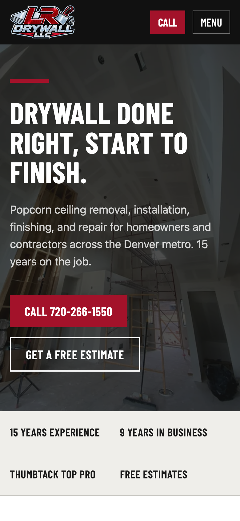 LR Drywall home page on a phone, with Call and Get a free estimate buttons near the top.